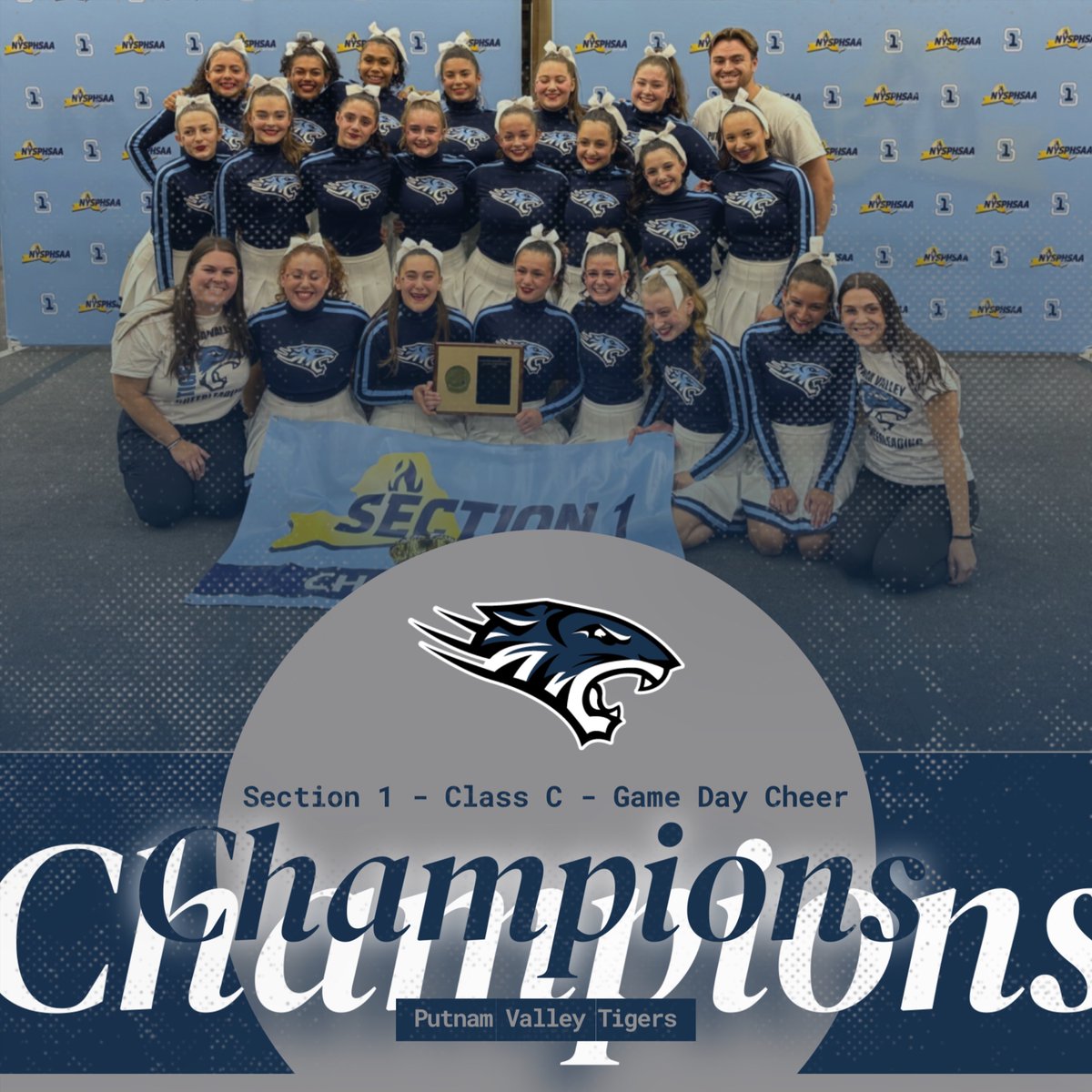 pvhs_athletics_'s tweet photo. 2024 Section 1 Class C Game Day Cheerleading Champions!

Congratulations to your Tiger Cheerleaders for their back-to-back Section 1 Championship performance. 

Next up... State Championship: 
Hudson Valley CC, Troy
Sunday, November 10, 2024

Doors Open: 9AM 
Class C: 1PM https://t.co/FX1BFe3Pgl