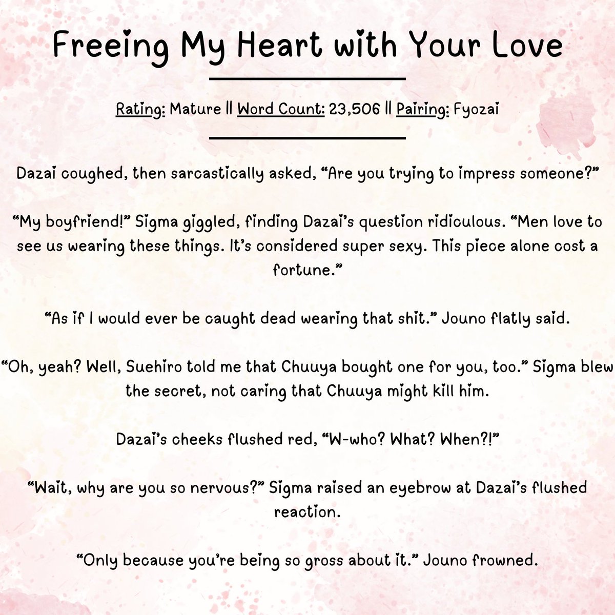 monkeybanana41's tweet photo. @bungodeaddove 

it's a little less on the dead dovey side, more angsty 😅🥹

day 1: mind control
🔞freeing my heart with your love🔞

♡modern au
♡one sided love
♡boss/employee
♡written w/ @LilyMYellow

link🔽

#bsd #文スト #fyozai #dostozai #ドス太 #BungoDeadDoveWeekend2024 https://t.co/9rl3ntXTDX