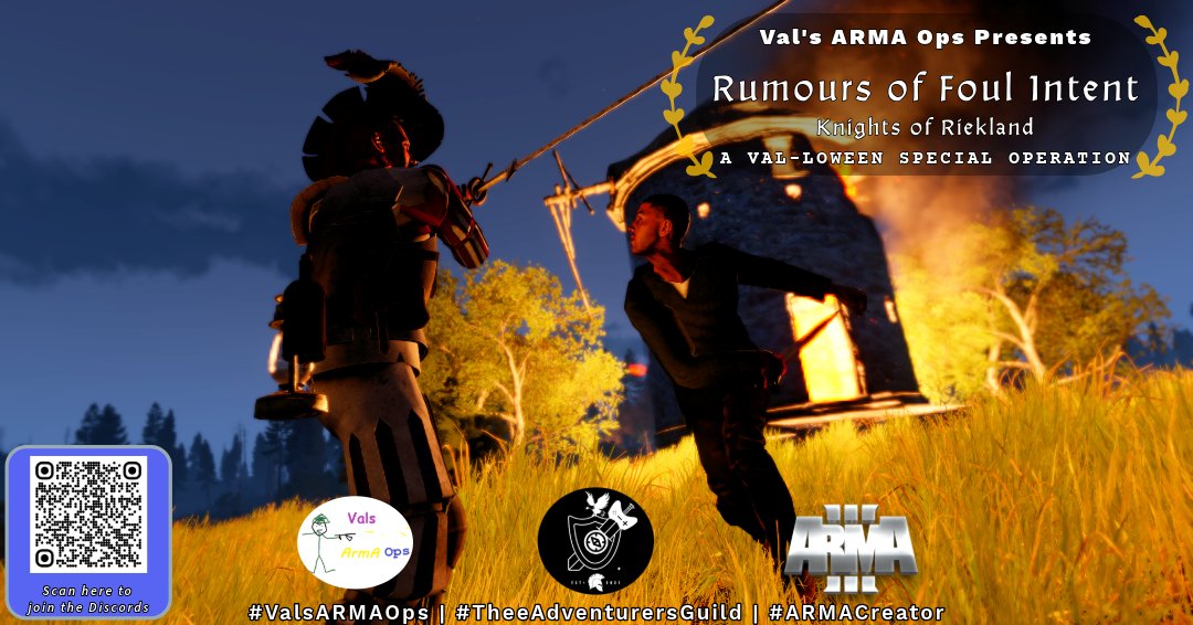 TheeAdventurers's tweet photo. The Val's ARMA Ops Group will become the Knights of Riekland for today's mission!

The menace of bandits has long shadowed our paths, but now we confront a peril far more sinister. The Knights of Riekland have received reports of random skirmishes and strategic, organized assaults. Whispers of heresy and subversion are spreading through our lands, undermining the peace we've strived to maintain.

The knights will not let any enemy of Riekland find sanctuary within our borders! They ride not just for peace but for the honor and purity of our realm.

The Knights of Riekland march forth for the peace of the kingdom!

Tune in on Twitch at 2 PM EST/7 PM GMT here at https://t.co/Nw9W5GkmU7

#ARMA3 
#ARMACreator #ValsARMAOps #TheeAdventurersGuild 
#KnightsOfRiekland #BanditHunt #DefendTheRealm