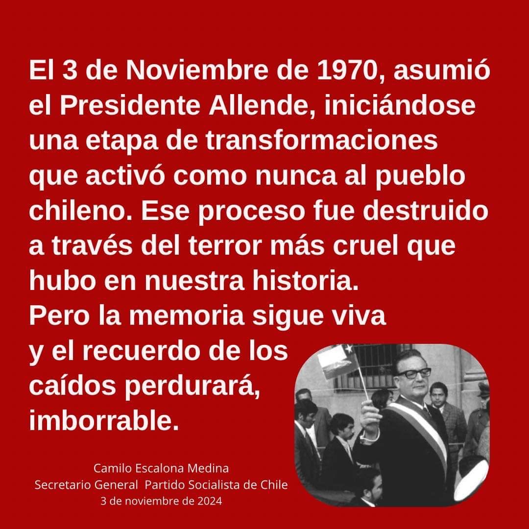 carmen_hertz's tweet photo. 3 de noviembre de 1970 asume como presidente de la República el doctor Salvador Allende,3 años más tarde la derecha financiada por la CIA planifica y ejecuta un golpe de estado criminal a través de las fuerzas armadas e  instaura en Chile un reducto del terror que duraría 17 años https://t.co/kFGUvGgrlj