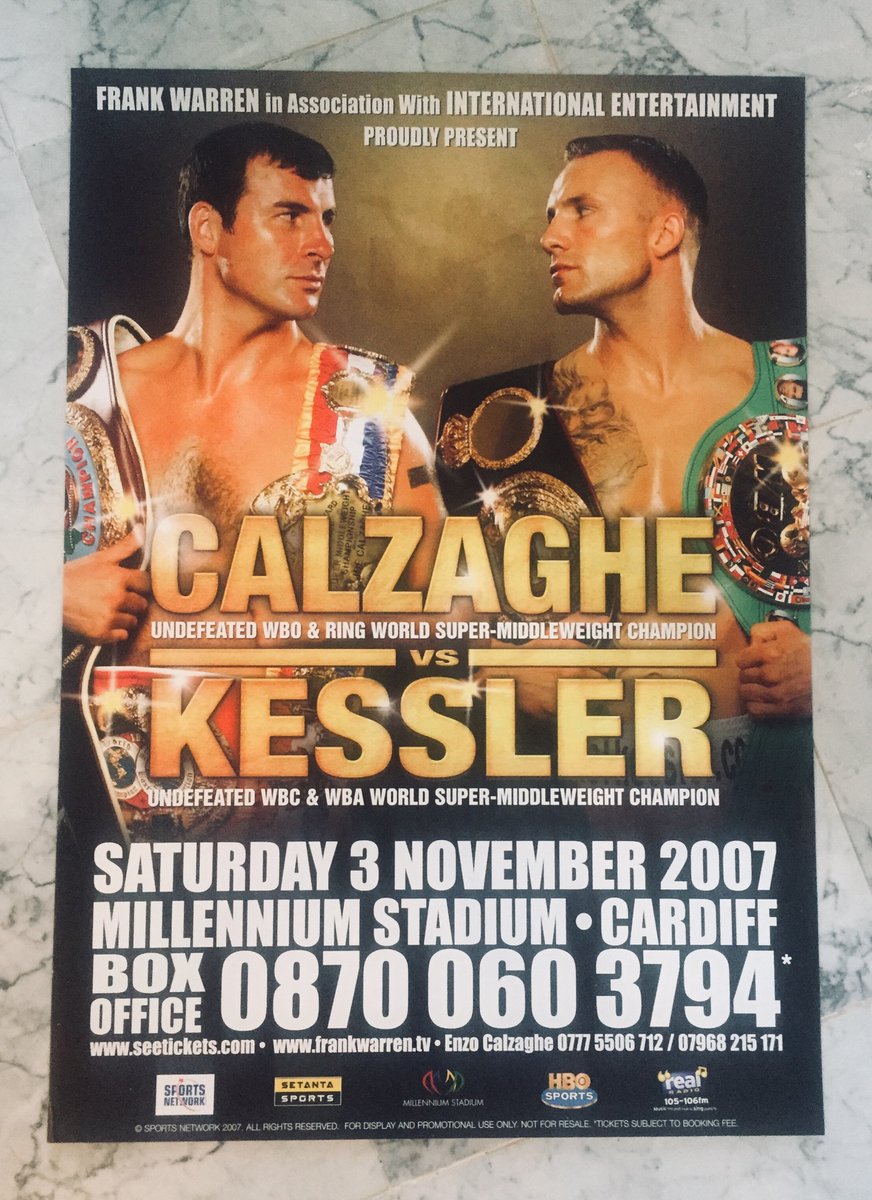 Site poster in my #boxing collection from one the biggest super middleweight fights ever, when HOFer <a href="/JoeCalzagheCBE/">Joe Calzaghe</a> (43-0) outpointed Mikkel Kessler (39-0) in their highly anticipated 3-belt unification fight before 50K+ fans in Cardiff, Wales -- 17 years ago today. #boxing
