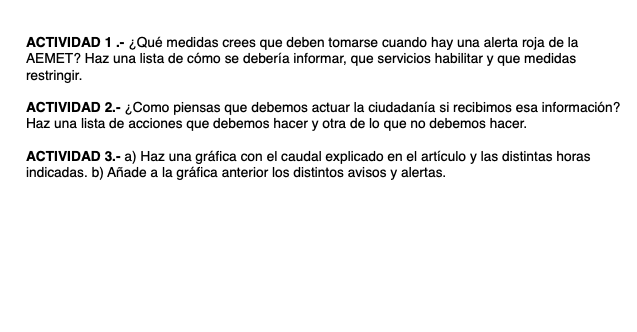 He preparat una beu (2h) activitat d'aprenentatge sobre la #DANA per a l'alumnat de l'ESO, a partir de l'articles de <a href="/minervaminguez/">Minerva Mínguez</a> Cronología de un 'tsunami'
levante-emv.com/horta/2024/11/…
Afegint imatges activitats.
Per si vos és útil i gràcies a Minerva, <a href="/AEMET_Esp/">AEMET</a> i <a href="/CHJucar/">Confederación Hidrográfica del Júcar</a> 😘.