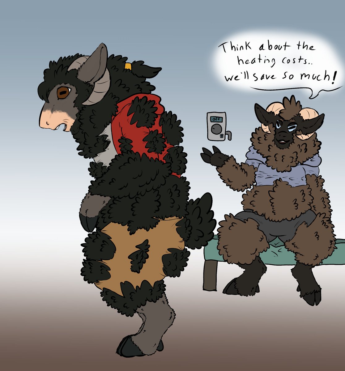 werenimal's tweet image. Very late Day 16- Temperature for #Octransfur 
@WolfFangBluBird looking pretty wooly now because it costs less to share my weresheep curse with him then to pay to turn the heat on. 
#TFEveryday