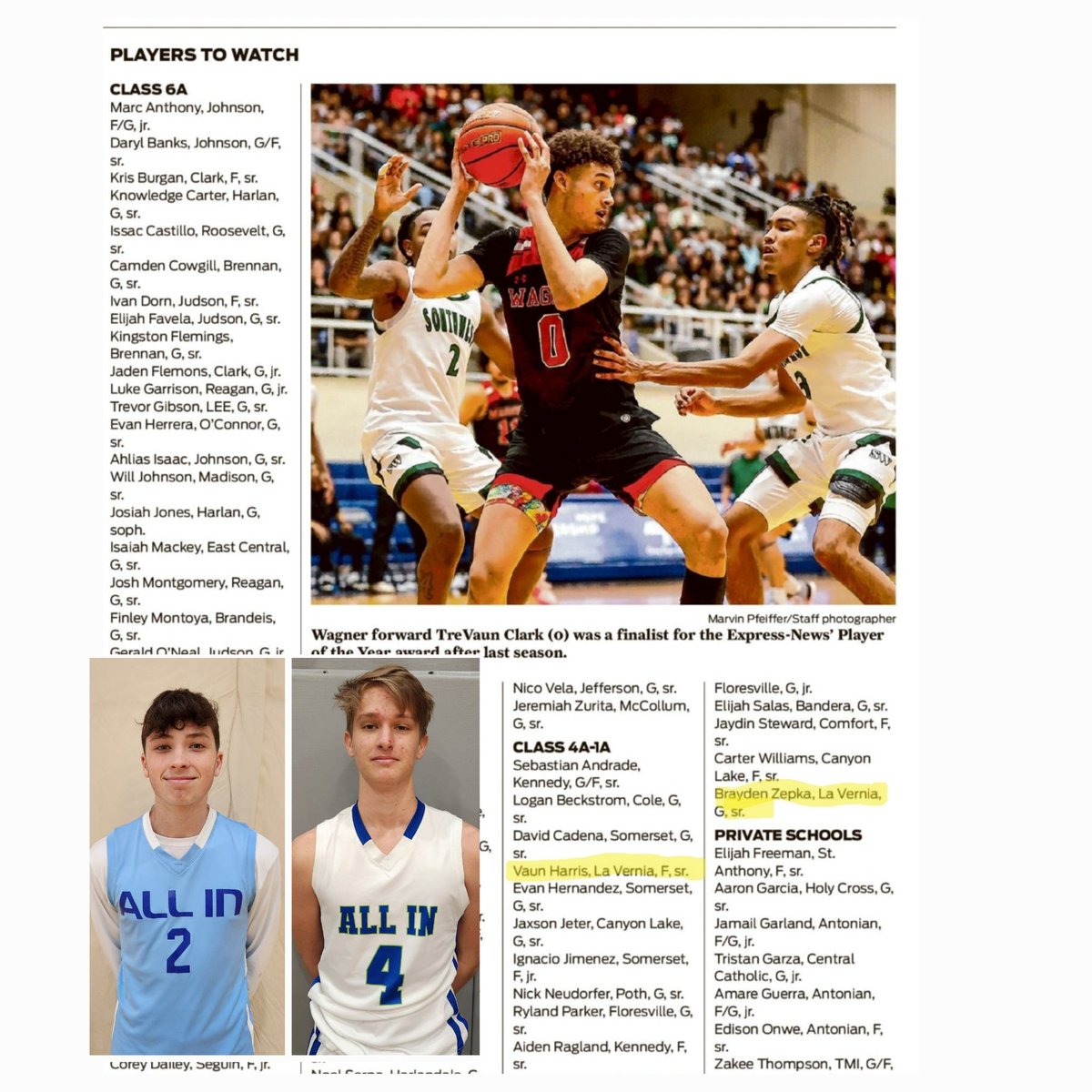 Congrats to #AIBCfam Vaun Harris and Brayden Zepka for being named to the SA Express-News 📰 Pre Season Players to Watch list for the upcoming school 🏀 season. Good luck to you &amp; your LV Bear 🐻 teammates this upcoming season ‼️