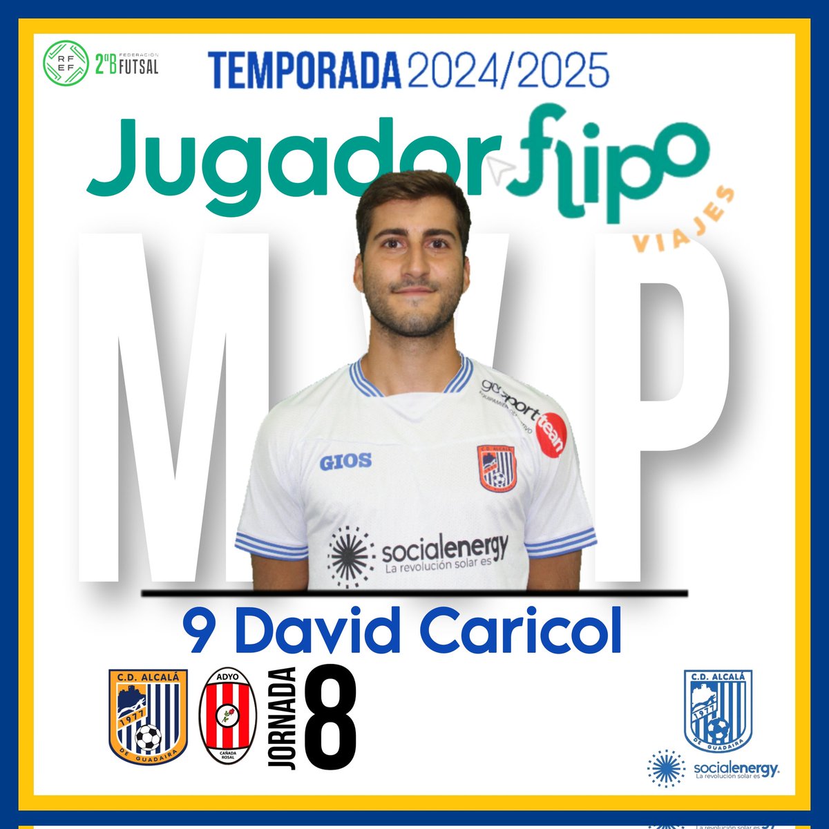 🐲🔝 El jugador <a href="/flipoviajes/">Flipoviajes.com</a> del partido de la jornada 8️⃣ ante ADYO Cañada Rosal es para ⭐ <a href="/DCaricol/">David Caricol 🇪🇸</a>.

El Ala de Almadén de la Plata, fue el más incisivo y el mejor del equipo en la derrota de esta mañana.

#Socialenergy #Somos41500 #MVPAlcalaFS #DerbiSevillano #GV2B #J8