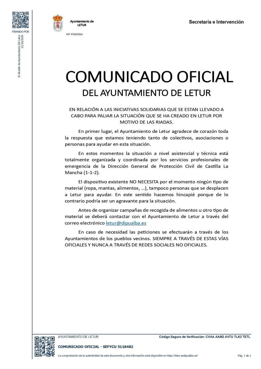 Comunicado oficial del Ayto. de Letur: cómo ayudar de manera organizada ❤️‍🩹
