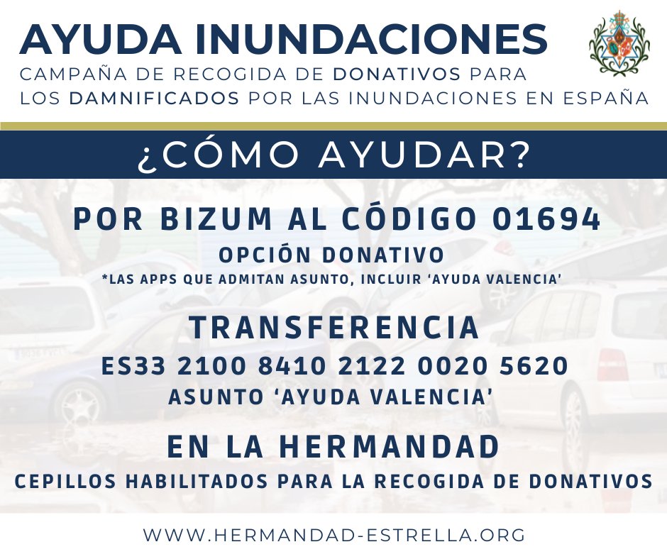 La Bolsa de Caridad de #LaEstrella  pone en marcha una campaña de recogida de donativos para los damnificados por la #DANAValencia. 
Toda colaboración es importante y ayudará a familias que lo han perdido todo. 
#LaEstrellaesCaridad