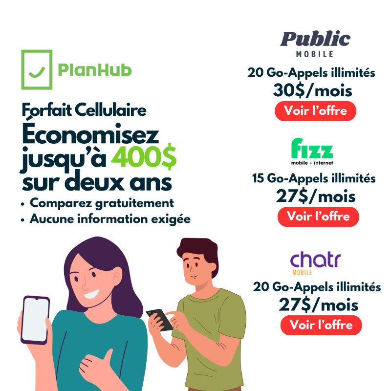 PlanHub_ca's tweet photo. Trouvez le meilleur forfait mobile et économisez jusqu'à 400$ sur deux ans !