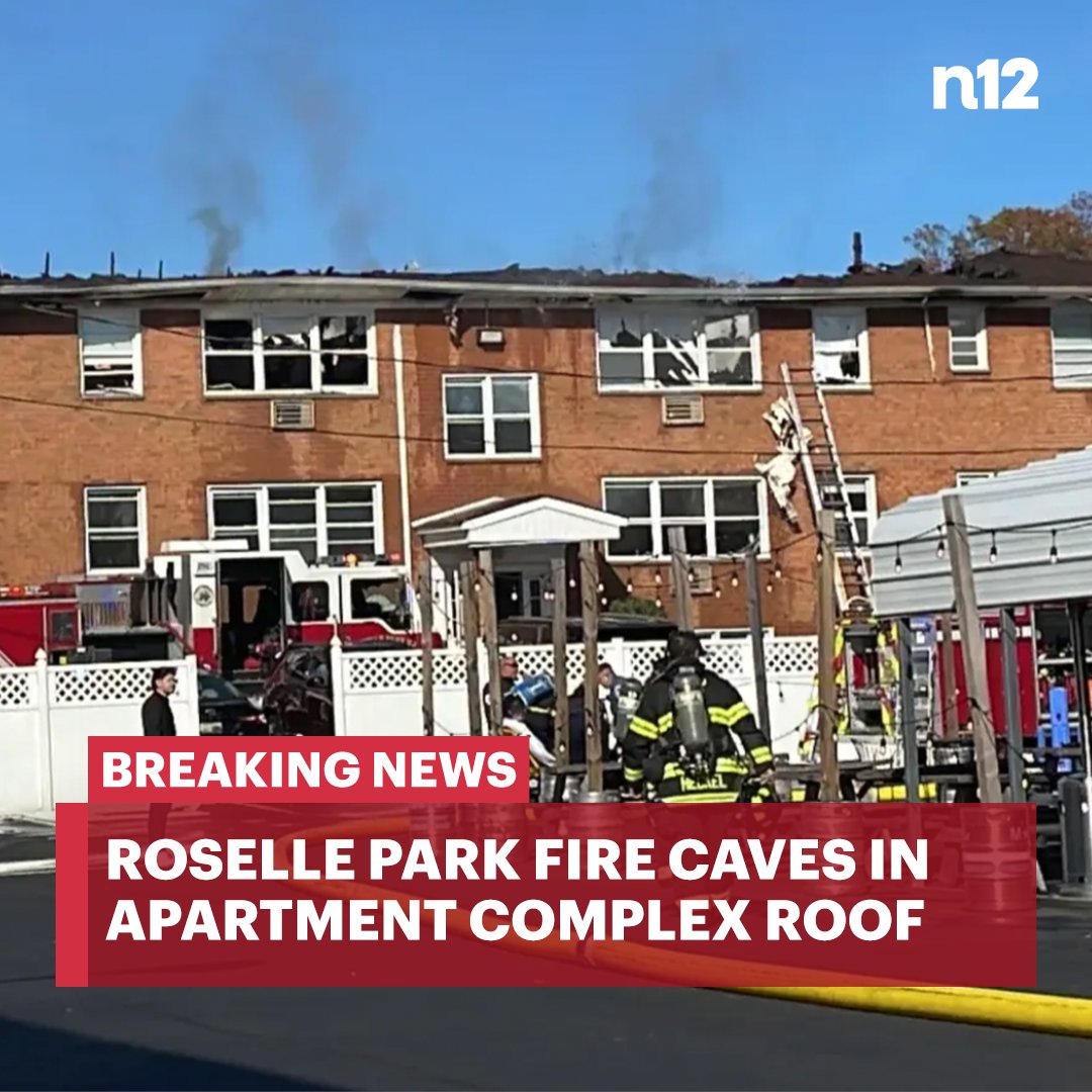 News12NJ's tweet photo. JUST IN: Fire at #RosellePark apartment complex caves in large section of roof. First responders on the scene. https://t.co/9SsGHLHBZt https://t.co/9Rdw5gThaQ