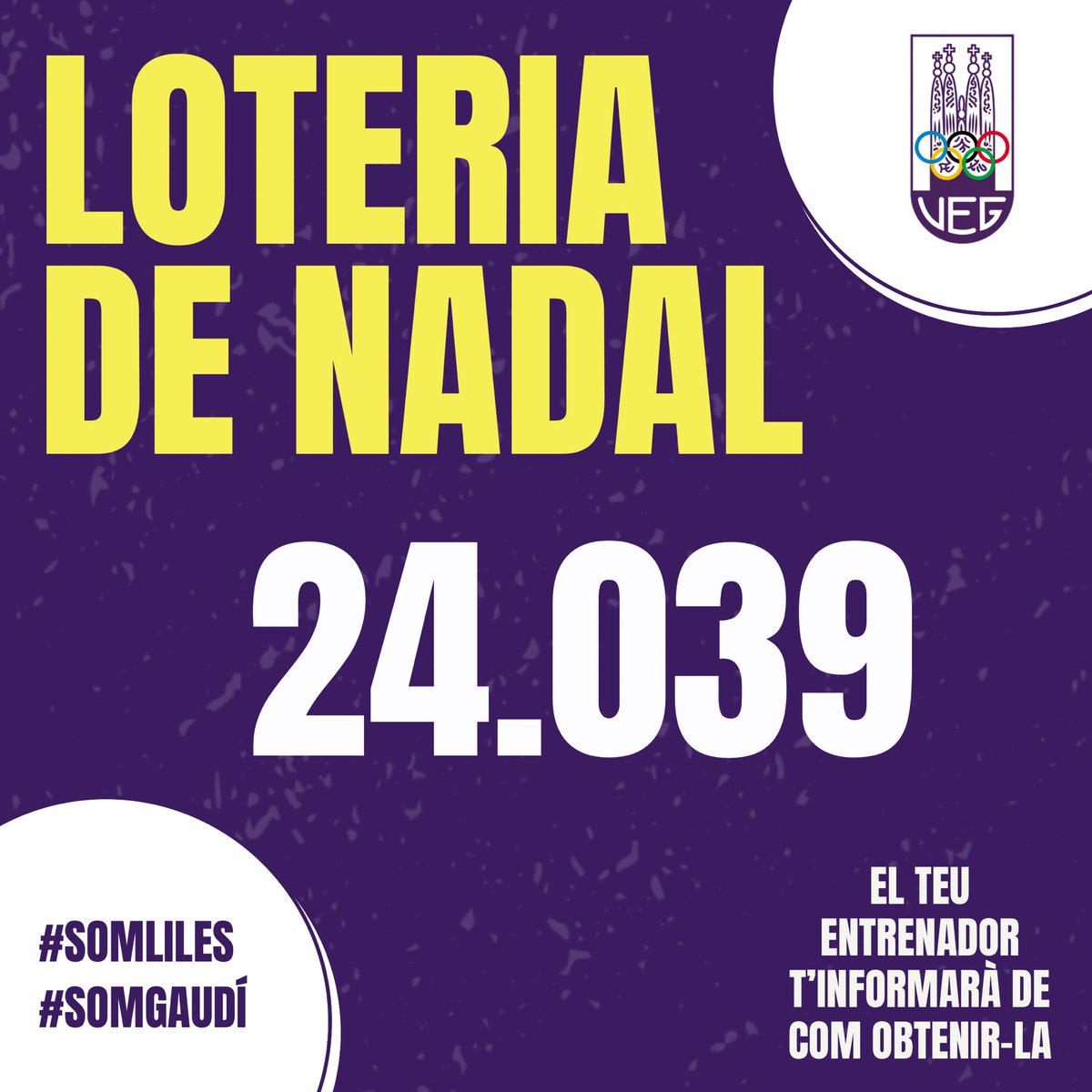 💰LOTERIA DE NADAL🎄

🔝Com ja és habitual en aquestes dates, ja teniu disponible la loteria de nadal del Club.

🗣El vostre entrenador us informarà de com obtenir-la.

🤑I si ens toca? 🤔

🔊Demana la teva! 

🟣⚪️

#SOMLILES
#SOMGAUDÍ