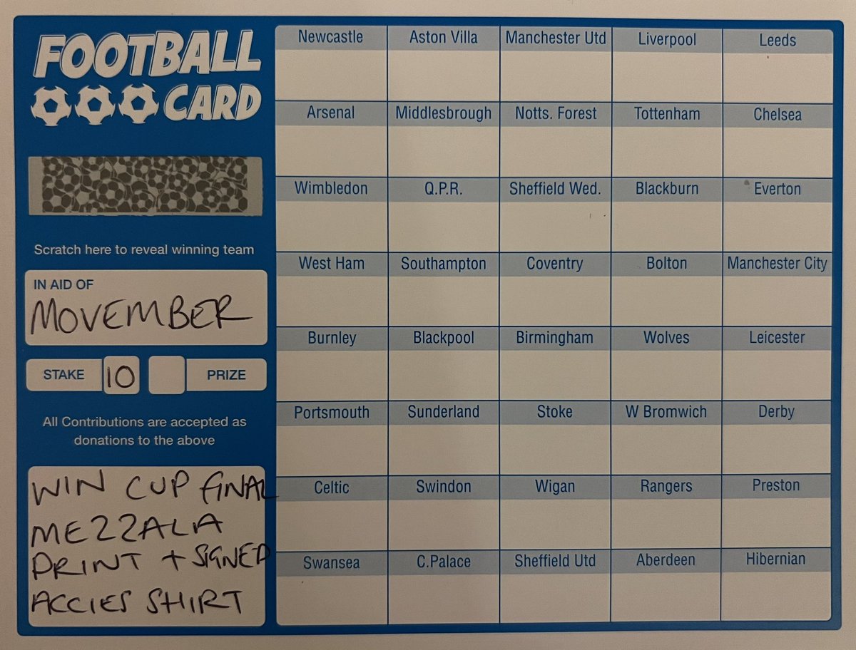 ReghanTumilty (@regs_tumilty) on Twitter photo 👨🏻 MO SCRATCH CARD 👨🏻
<a href="/theacciesfc/">Hamilton Academical FC</a> fans the first ones for you!🔴⚪️
WIN A SIGNED <a href="/MezzalaDesigns/">𝗠𝗲𝘇𝘇𝗮𝗹𝗮</a> CUP FINAL PRINT + SIGNED SQUAD SHIRT 🔵🟢
£10 donation to <a href="/MovemberUK/">Movember UK</a> per team! Get in touch to select a team, link to donate in bio. Winner announced when full.
Thank you!👨🏻 👨🏻 MO SCRATCH CARD 👨🏻
<a href="/theacciesfc/">Hamilton Academical FC</a> fans the first ones for you!🔴⚪️
WIN A SIGNED <a href="/MezzalaDesigns/">𝗠𝗲𝘇𝘇𝗮𝗹𝗮</a> CUP FINAL PRINT + SIGNED SQUAD SHIRT 🔵🟢
£10 donation to <a href="/MovemberUK/">Movember UK</a> per team! Get in touch to select a team, link to donate in bio. Winner announced when full.
Thank you!👨🏻