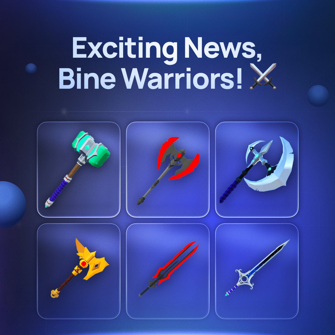 🎉 Bine Warriors, the Lootbox is here! 
 Unlock a chance to score Divine Rare Items in our upcoming Play-to-Earn game! Discover treasures like the Divine Blade, Celestial Bow, and Aegis of Eternity. What else awaits? Get tapping to find out! 

#Lootbox #PlayToEarn #BineGames
