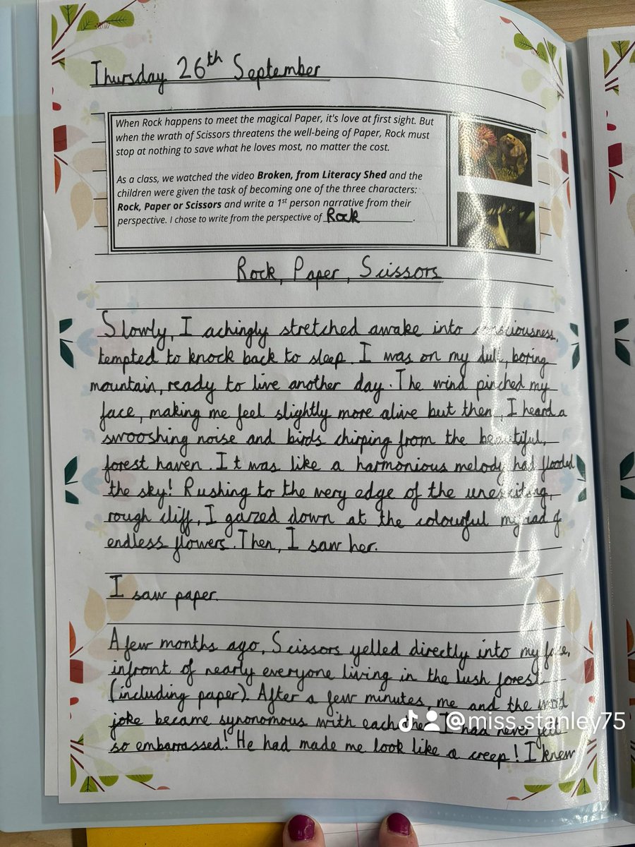 jodstan88's tweet photo. Broken: Rock, Paper, Scissors - Literacy Shed. Such a gorgeous video and a great hook for writing. The children chose one of the three characters (Rock, Paper or Scissors) and wrote from their perspective. This is one as Rock. 🪨 📄✂️. #y6writing #greathook #firstpieceoftheyear https://t.co/XsaeJtyZ30