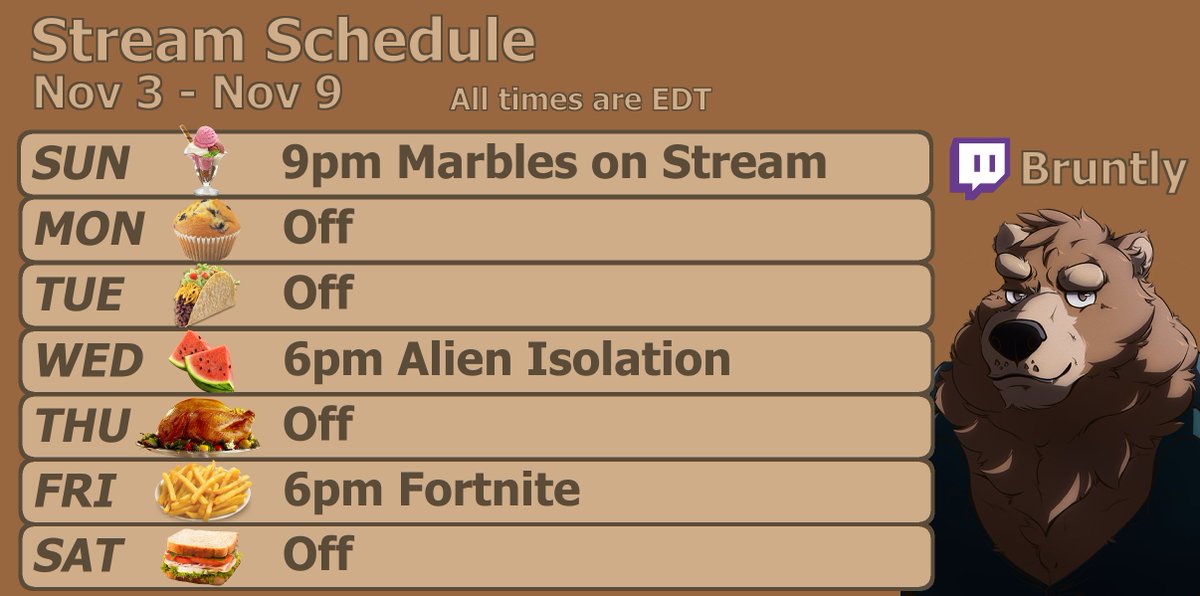 Please note that Wednesday and Friday starts earlier this week!

Sun 9pm - Just a chill Marbles stream. Let's hangout and race!

Wed 6pm - Alien Isolation Part 4. Beanboozle every time I scream loudly or get raided!

Fri 6pm - Fortnite open lobby!