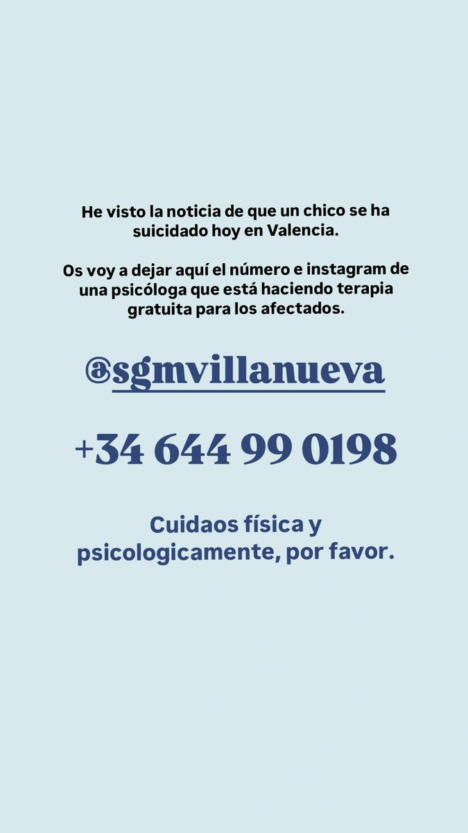 os dejo el instagram y número de una chica que está haciendo terapia gratuita para los afectados por el DANA.

Cuidaos siempre, por favor.
