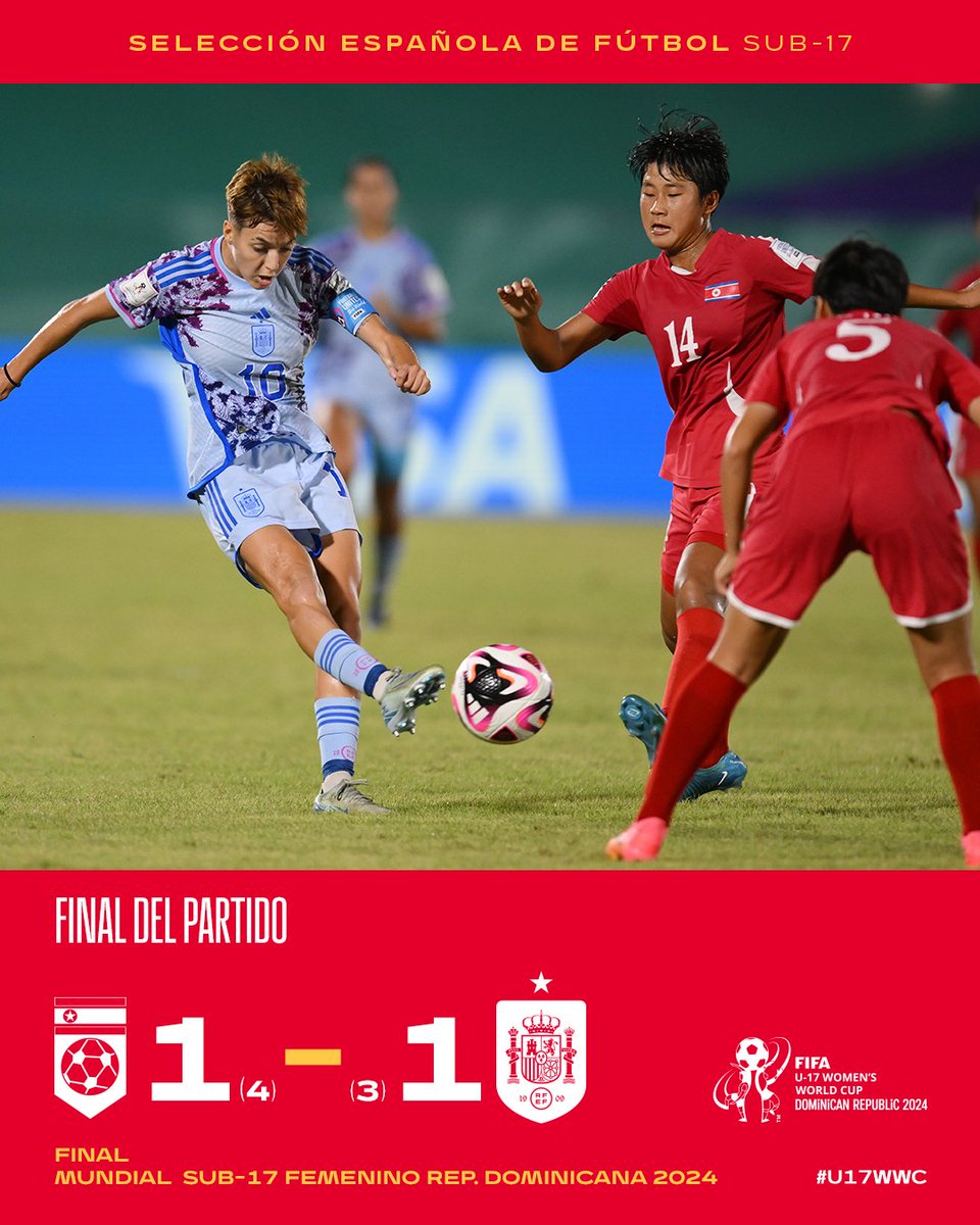 Final del partido

Corea del Norte se lleva el Mundial en la tanda de penaltis 

🇰🇵 1 (4) - (3) 1 🇪🇸 

#U17WWC