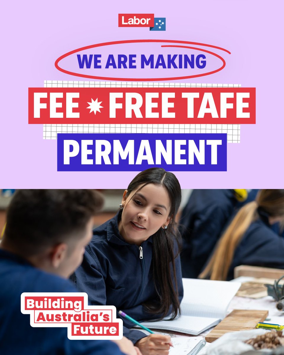 Construction. Aged care. Early education and care. These are just some of the industries powered by Australians who have been to TAFE.

So we're making fee-free TAFE permanent and training Australians to build Australia's future.

#auspol