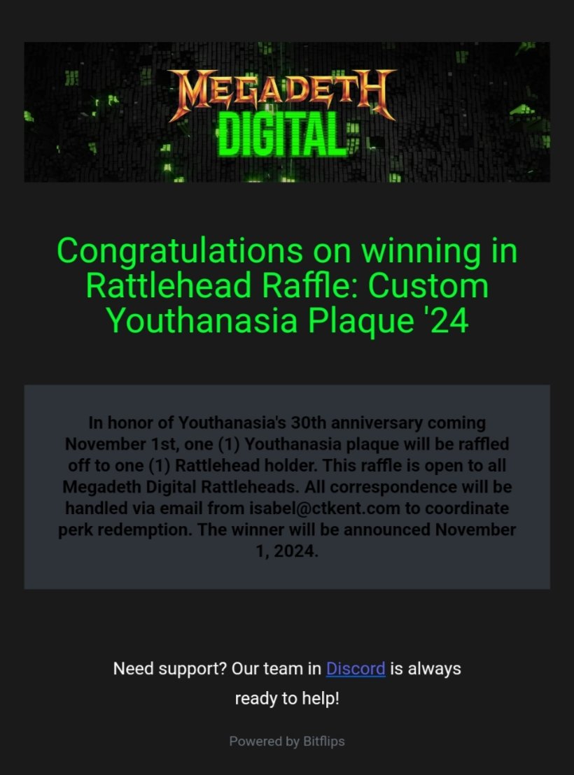 Holy shit I won!! 🎉 Honored to be a #Rattlehead holder and part of the <a href="/MegadethDigital/">Megadeth Digital</a> family 🖤 Thanks so much 🤘🏼 Looking forward to displaying this gem in our living room <a href="/Joe_L_Mtz/">Joe L. Martinez</a> :) CHEERS! 🍻