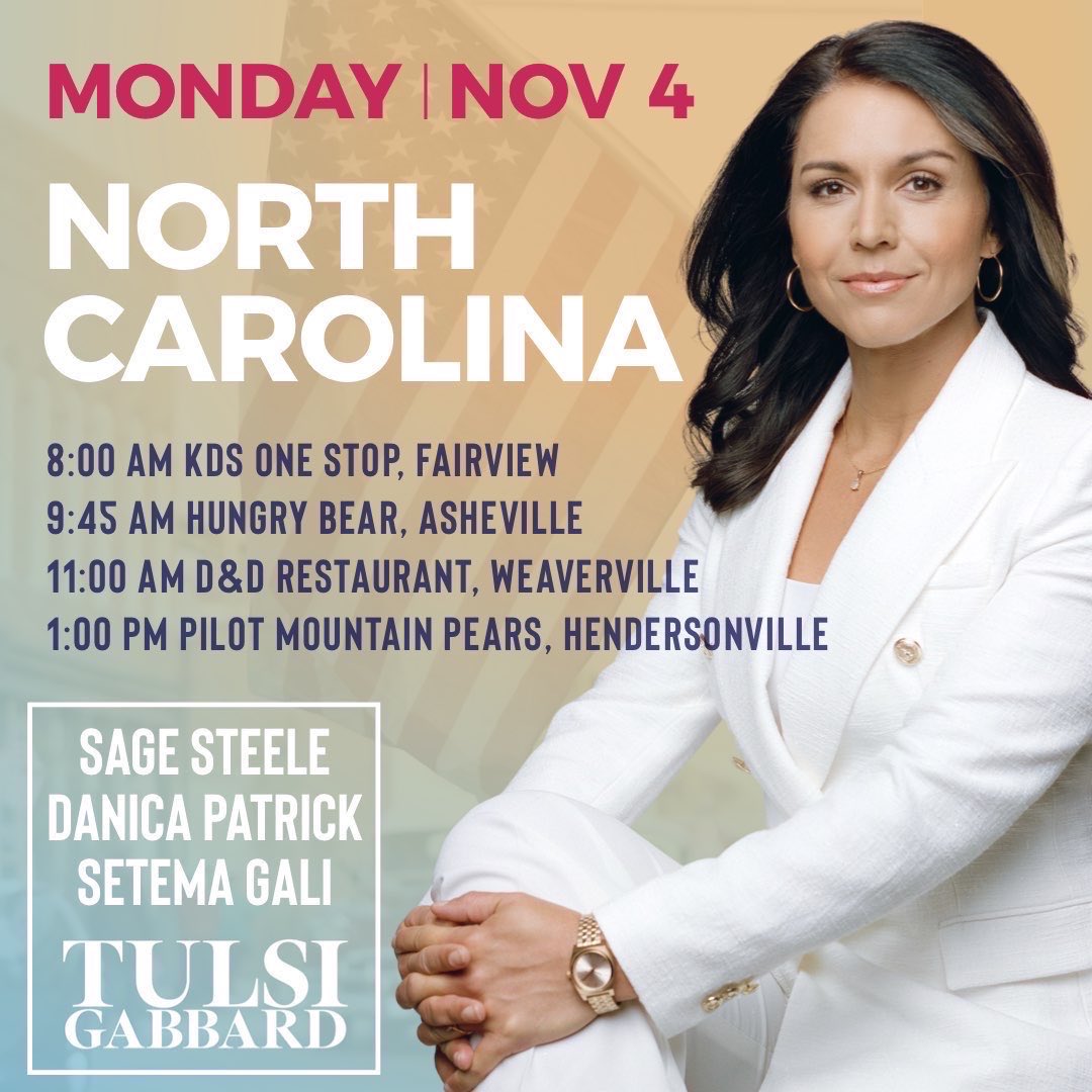 TulsiGabbard's tweet photo. Next stop: North Carolina tomorrow! Join me, @DanicaPatrick, @sagesteele, @SetemaGali and others as we rally to get out the vote for Donald Trump to put our country back on the path to peace, freedom, and prosperity! https://t.co/kyE7qXBoQM