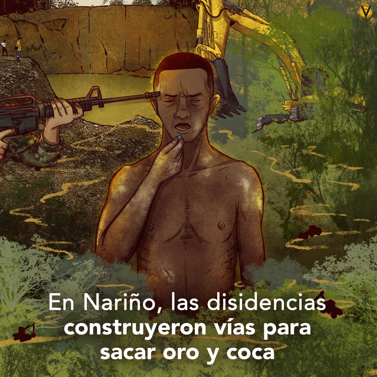 VoragineCo's tweet photo. La explotación de minas ilegales de oro en Nariño deja ganancias de 10 mil millones de pesos anuales. La Segunda Marquetalia, disidencia de las Farc, controla y saca provecho de territorios que arrebató violentamente a otros frentes guerrilleros. https://t.co/kDZFneV36y https://t.co/RHSuJheAN7