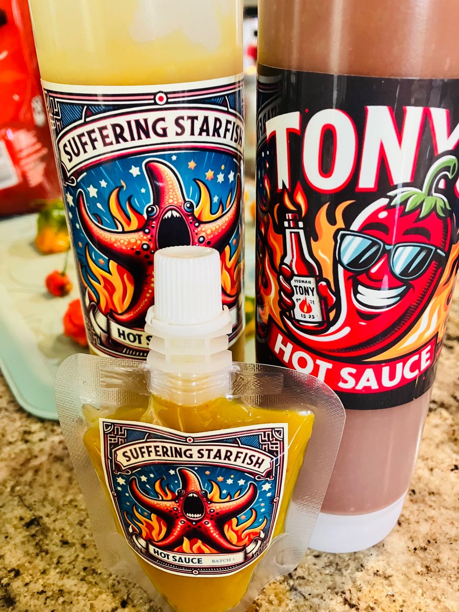 BPLatimerMDPhD's tweet photo. The blender was busy this morning!

Tony’s hot sauce: Chipotle &amp; habanero 

Suffering Starfish: Trinidad scorpion

#HotSauce #Food #HotPeppers #Spicy https://t.co/wSgySdX2Dx