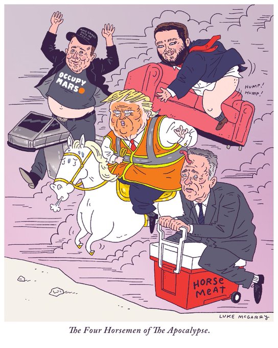 Donald Trump Elon Musk RFK Jr and JD Vance in a political cartoon based on Albrecht Durer’s Four Horsemen of The Apocalypse.