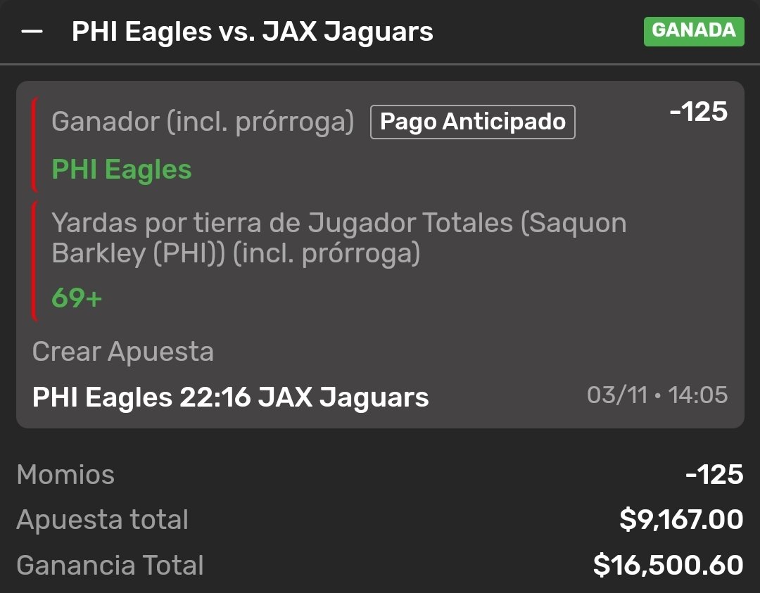 SE PRENDIÓ EL CERRO 🔥🔥🔥🔥 !!!

Ganamos FÁCILMENTE también ya el Paso 2 de mi RETO EXPRESS #NFL ✅️✅️ !!!

Inicié el Reto con $5,000 y en unas horas ya tenemos $16,500 🤯🫶 !!!

A darle al Siguiente mis Chingones 👊 !!!