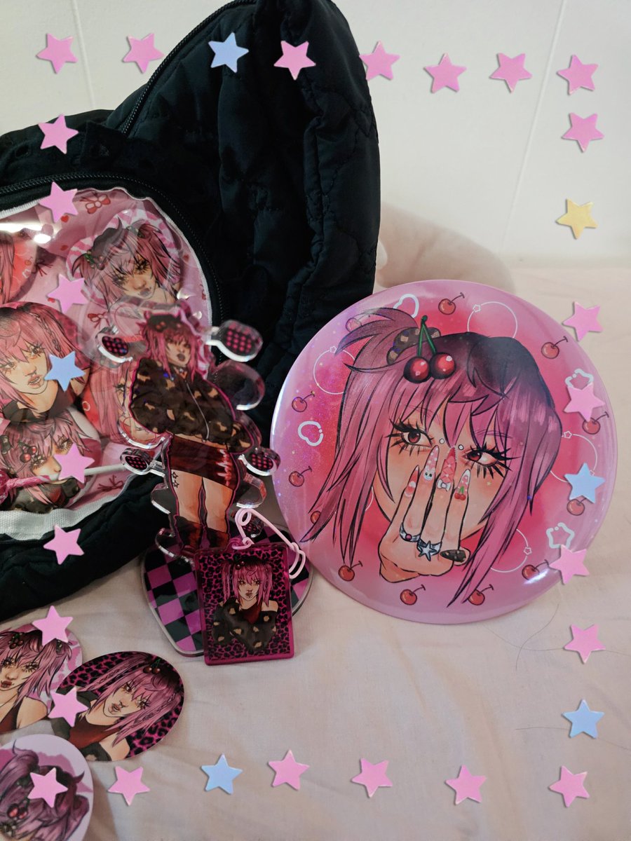 All the merch I've made of my Oc, Chaeri so far 🥰🩷🍒 #itabag #OC