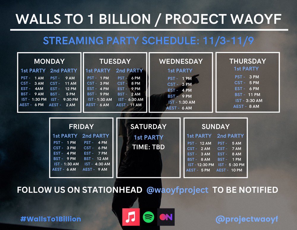 ‼️STREAMING PARTY SCHEDULE‼️ 

stationhead link in bio, see you there🎸
#WallsTo1Billion #PROJECTWAOYF