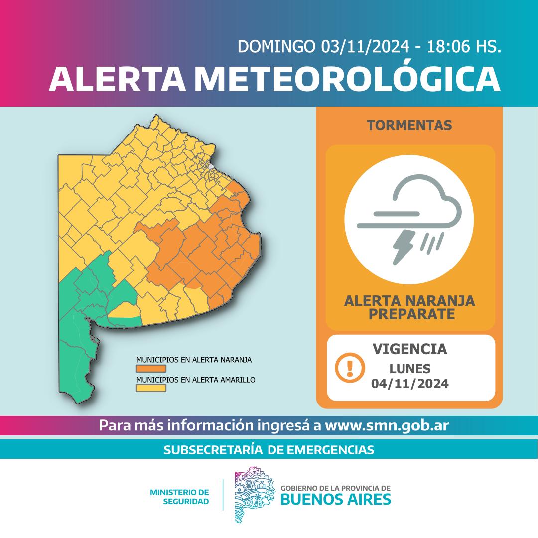 BAProvincia's tweet photo. ⚠️ | Información importante

⛈️ El Servicio Meteorológico Nacional emitió un alerta por tormentas para la madrugada y mañana del lunes.

Recordá seguir las recomendaciones de tu municipio y organismos oficiales.

📲 103 Defensa Civil
📲 100 Bomberos
📲 911 Policía