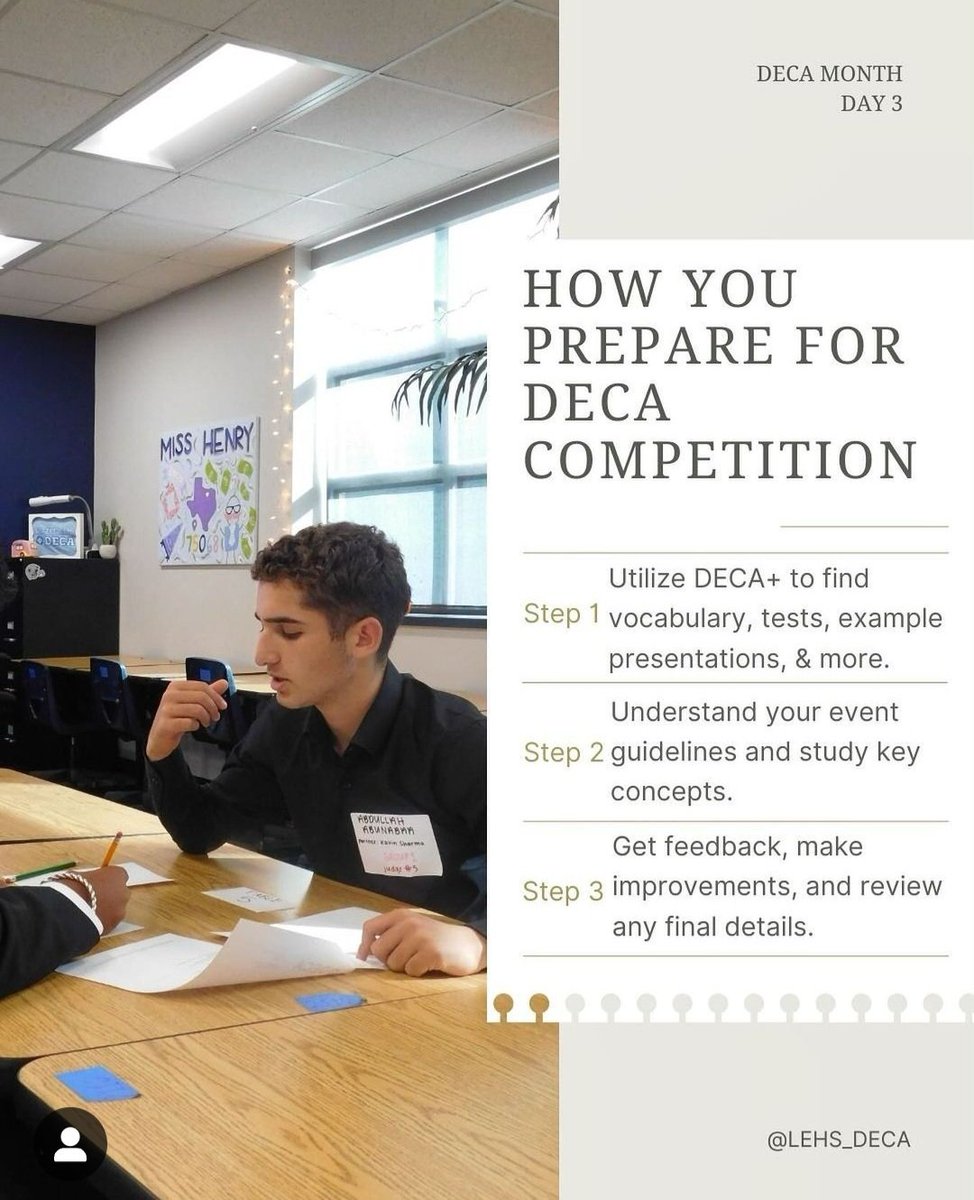 LE_DECA's tweet image. Day 3 of DECA month!! Prepping for competition like pros. We cannot wait to see you shine at District🔷 #DECAMonth #CompetitionPrep #LEHSDECA #decainc #txdeca12 #texasdeca #leisdcte