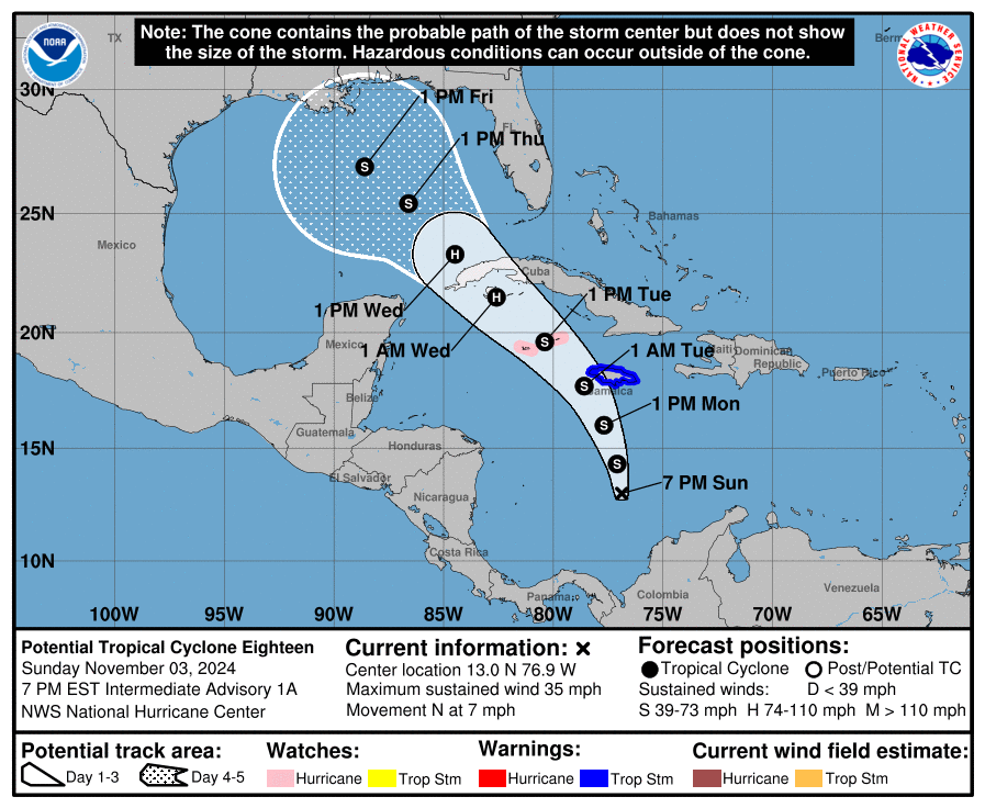 LimWeather's tweet photo. #PTC18 to peak at 80mph+ C1 #Hurricane as it heads for #Jamaica,#caymanislands,W #Cuba,#Louisiana,#Mississippi,#Alabama
All interests there to start preps now! #wxtwitter #Wxx #tropicswx #HurircaneSeason2024 #HurricaneSeason #AL97 #97L #HurricaneRafael #Rafael #LAwx #MSwx #ALwx https://t.co/MpgSRC71pk