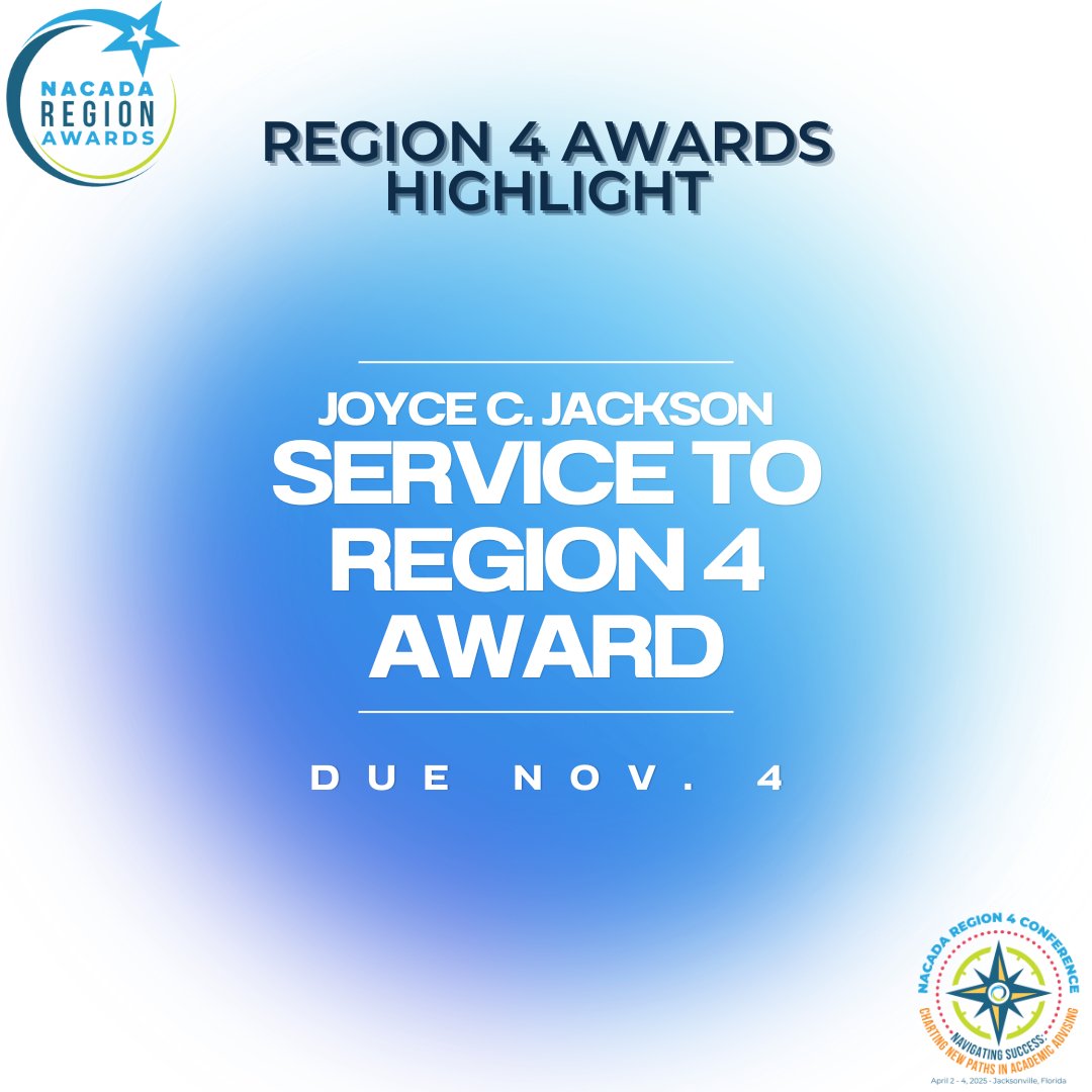 NACADA_Region4's tweet photo. It's not too late to nominate someone for the Joyce C. Jackson Service to Region 4 Award. Due Nov. 4!  #AdvisorRecognition #Region4Awards #NACADA #ServiceAward

👉 Go here to nominate: https://t.co/ODViBZlpFM
✨Learn more about this award: https://t.co/lm65uaQJzK https://t.co/re3VnoEKKN