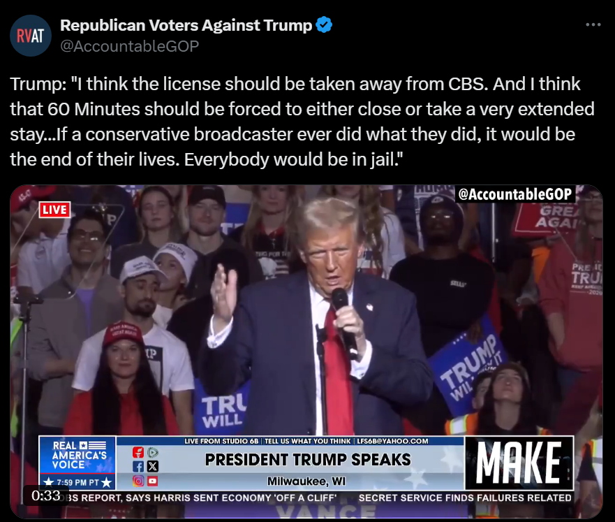 AccountableGOP's tweet photo. Trump calls for CBS to be pulled off the airways at almost every rally. https://t.co/5q6ursc9nt
