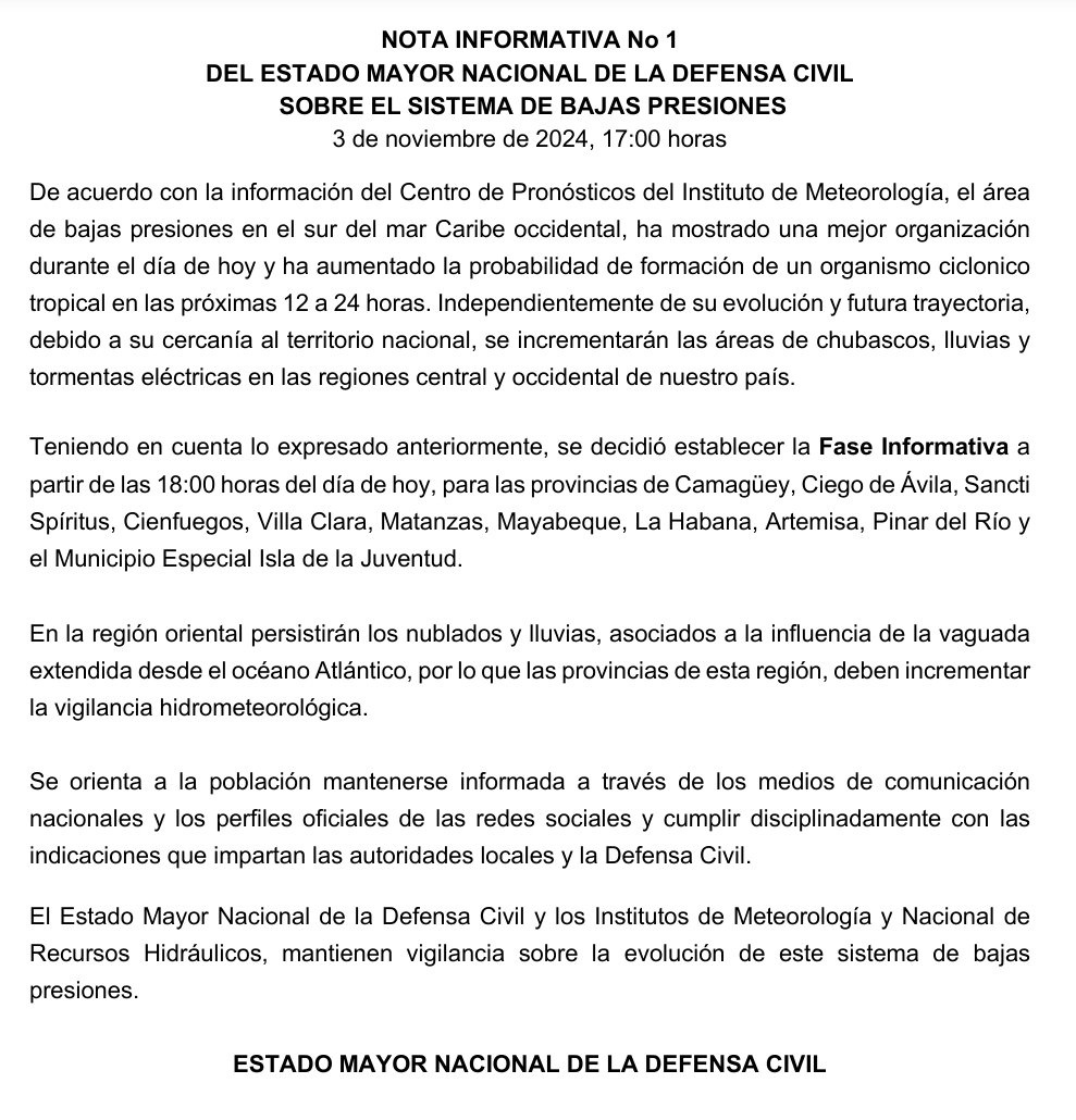 Mantenemos seguimiento a la posible evolución del sistema de bajas presiones en el sur del mar Caribe occidental y de su influencia sobre el país. Ya se están tomando todas las medidas. Reiteramos el llamado a cumplir con las indicaciones de las autoridades de cada territorio.