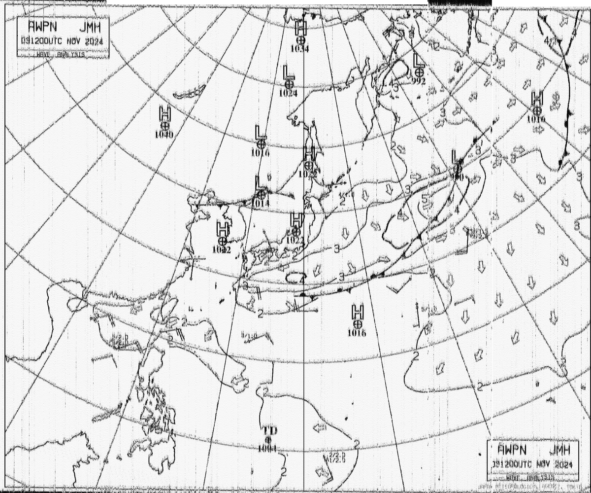 vk6ysf97230's tweet photo. Monitored JMH Tokyo, Japan
03 Nov 2024, 19:20UTC
HF Marine Weather FAX
Dial Freq: 13986.6 kHz USB
Decoded with FLDIGI Mode: WEFAX576
RX: Airspy HF Discovery, 10m End-fed wire sloper antenna.
#weatherfax #hffax #swl https://t.co/JPhxQRZwRE