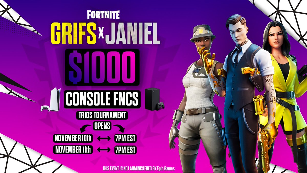 💰 $1000 GRIFS X JANIEL CONSOLE TRIO SERIES 💰

📍Opens - Sunday (Nov 10th) AND Monday (Nov 11th), 7EST. 

To participate:
- Follow <a href="/MrGrifs/">MrGrifs</a> &amp; <a href="/Janieled/">Janiel</a>.
- LIKE + JOIN DISCORD BELOW.

Giving away 3 GRAND FINALS spots to people that RT + TAG YOUR TRIO ⬇️
