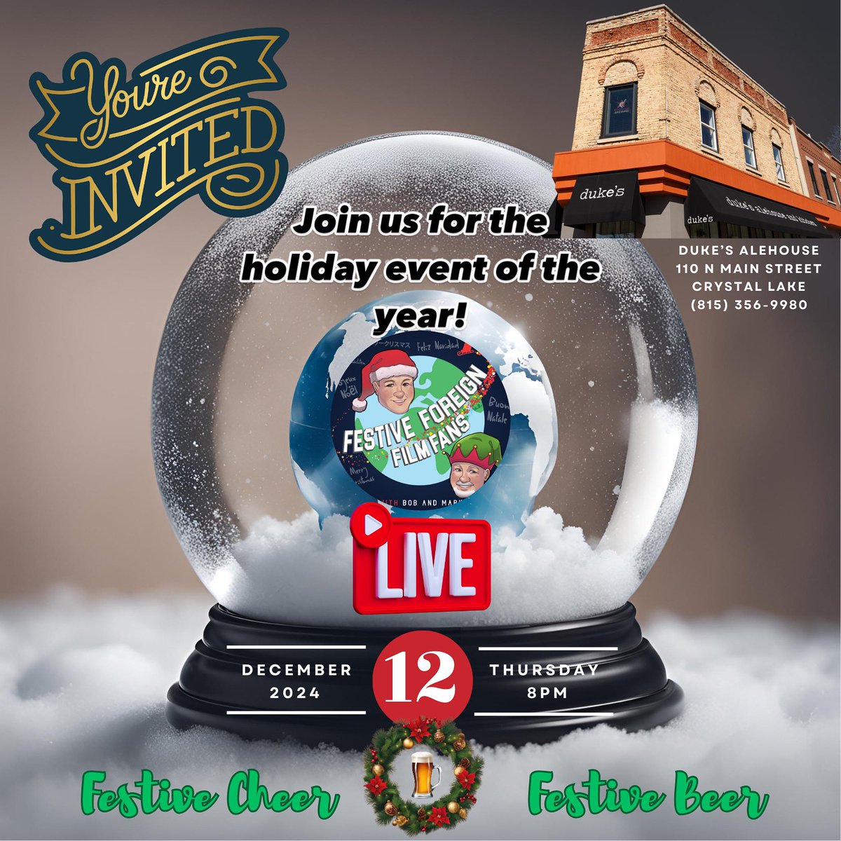 FestiveFilmFans's tweet photo. To all our Festive Fan friends in the Chicagoland area, join us for a live podcast event!  We will be at Duke’s Alehouse in Crystal Lake, IL on December 12 at 8 p.m.  Don’t be left out of the holiday event that your friends will be talking about until Labor Day! https://t.co/8DRRbLwtCl