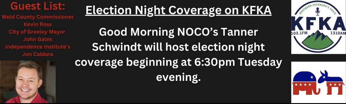There's going to be a lot of talking heads on Tuesday evening and I'm one of them! I hope you'll tune in for election night coverage on <a href="/1310_KFKA/">KFKA Radio - Northern Colorado’s Voice</a>. I'll have a great lineup of guests including <a href="/wldracer/">Kevin Ross</a>, <a href="/gatesforgreeley/">Mayor John Gates</a> and <a href="/i2idotorg/">Independence Institute</a>’s own <a href="/JonCaldara/">Jon Caldara</a>. #copolitics