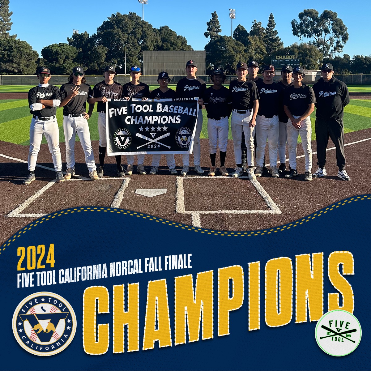 🏆CHAMPIONS🏆

Congrats to <a href="/peloterosbsb/">Peloteros</a> 17U on winning the 17U/18U Championship of the <a href="/FiveTool/">Five Tool Baseball</a> California NorCal Fall Finale!    

#WatchEm