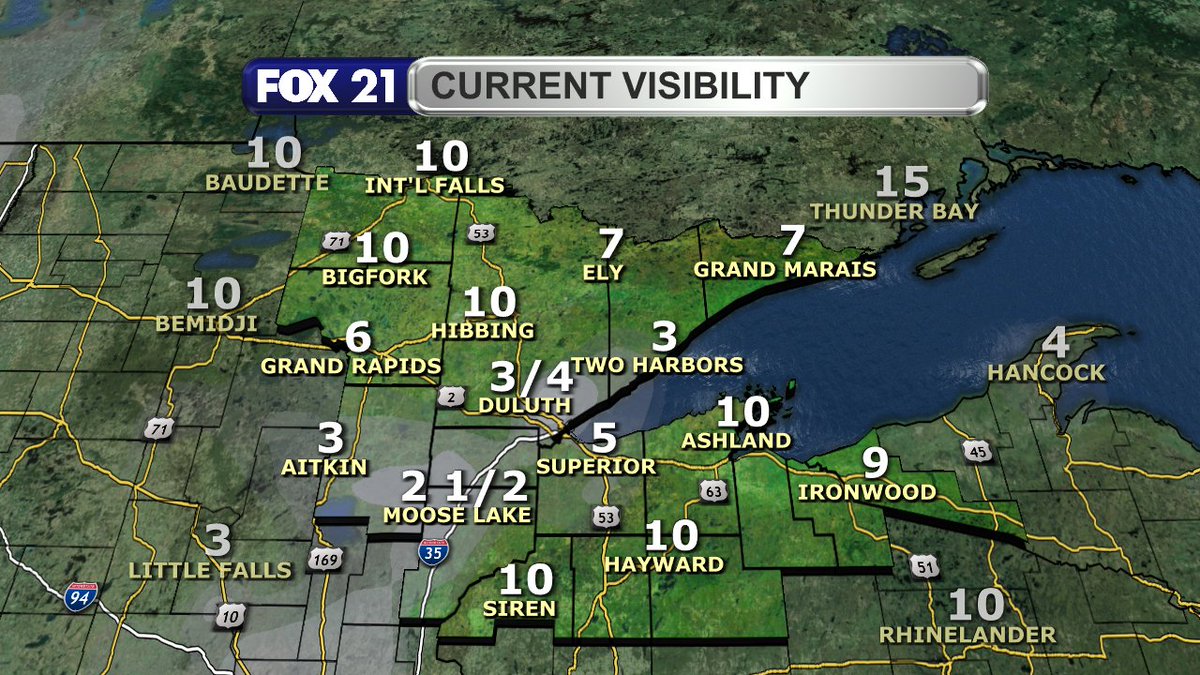 RustyMehlberg's tweet photo. DENSE FOG LIKELY:

The Northland will see plenty of fog tonight and Monday morning as warm, moist air moves into the region with persistent rain chances.

The fog will be dense in spots, especially in the Twin Ports and North Shore.

Plan accordingly for the morning commute! https://t.co/ZkkIvjZqiX
