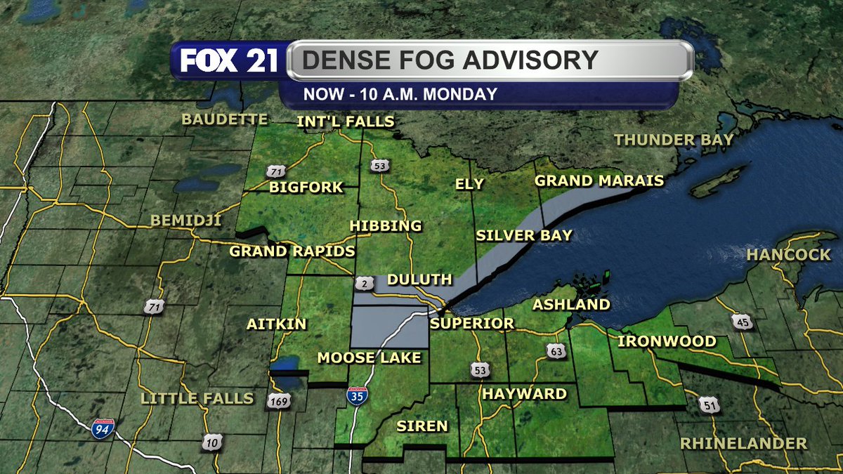 RustyMehlberg's tweet photo. DENSE FOG LIKELY:

The Northland will see plenty of fog tonight and Monday morning as warm, moist air moves into the region with persistent rain chances.

The fog will be dense in spots, especially in the Twin Ports and North Shore.

Plan accordingly for the morning commute! https://t.co/ZkkIvjZqiX