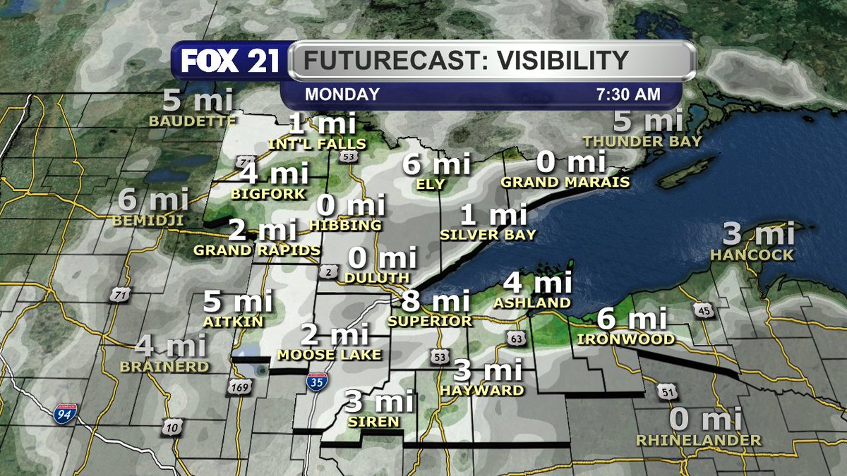 RustyMehlberg's tweet photo. DENSE FOG LIKELY:

The Northland will see plenty of fog tonight and Monday morning as warm, moist air moves into the region with persistent rain chances.

The fog will be dense in spots, especially in the Twin Ports and North Shore.

Plan accordingly for the morning commute! https://t.co/ZkkIvjZqiX