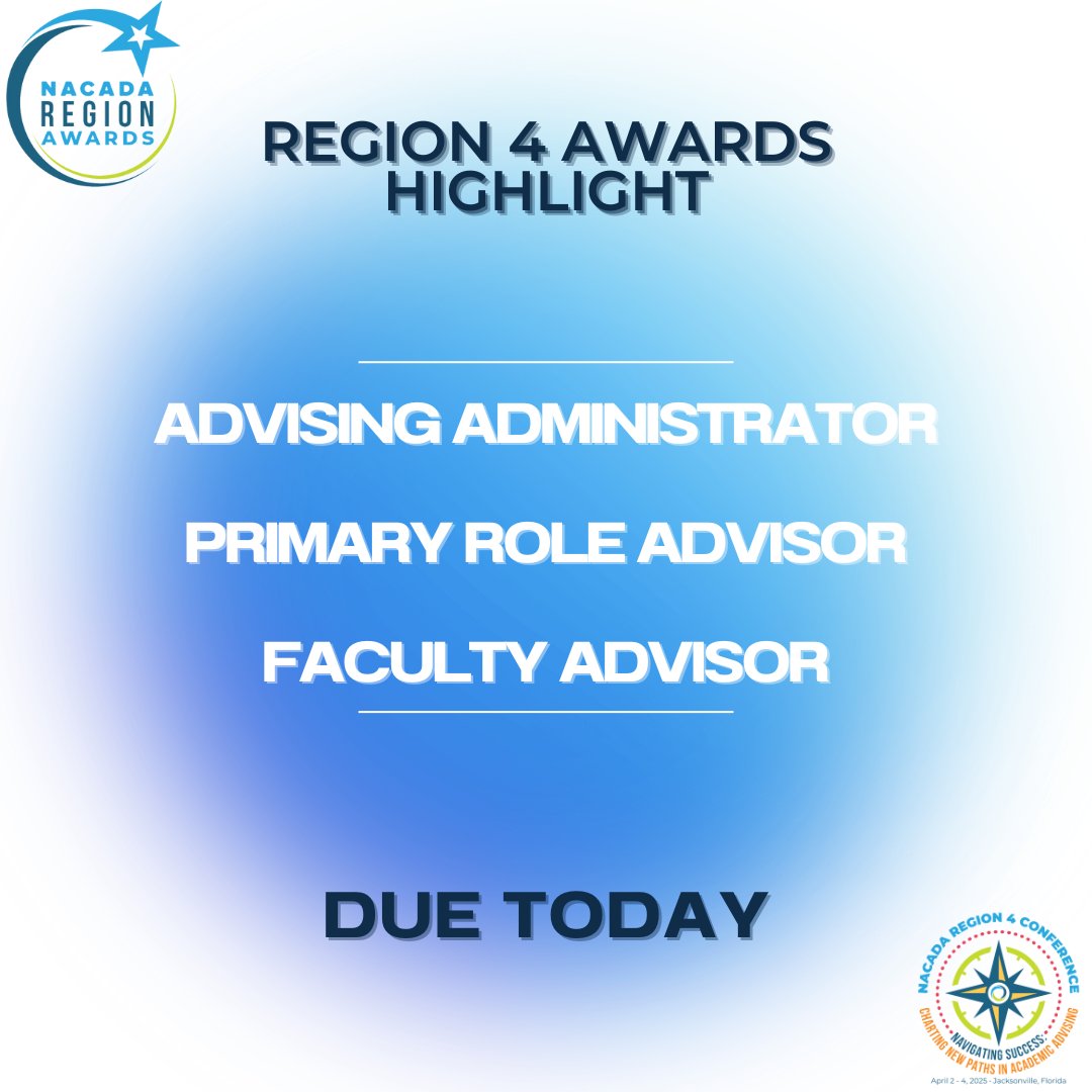 NACADA_Region4's tweet photo. Today is the last day to nominate! Our last highlighted awards are Advising Administrator, Primary Role Advisor, &amp; Faculty Advisor. It's not too late to nominate  #AdvisorRecognition #Region4Awards 
👉 Nominate here: https://t.co/ODViBZlXvk
✨Learn more : https://t.co/fhQmZBf7th https://t.co/ddT9JGHFXs