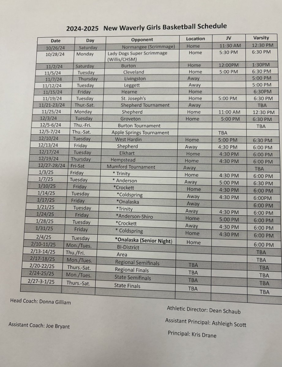 My varsity schedule for the season.