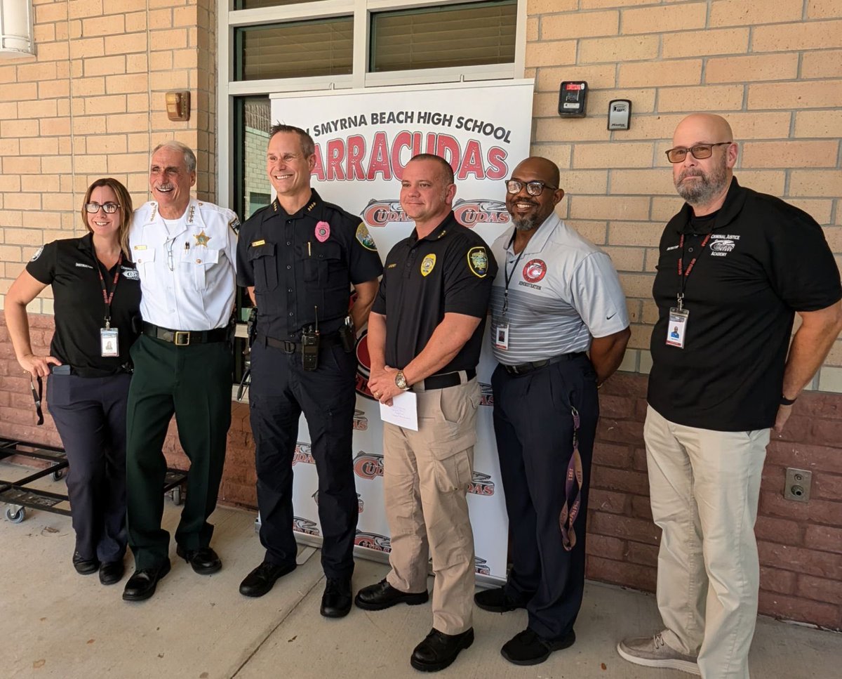 A special thank you to our local law enforcement agencies for their generosity.  Sheriff Chitwood (VCSPD), Chief Mahoney (Edgewater PD), and Chief Feldman (NSBPD) pictured all provided generous donations to our Criminal Justice Academy.  Advantage Cudas..  #1Team1Mission #NSBHS