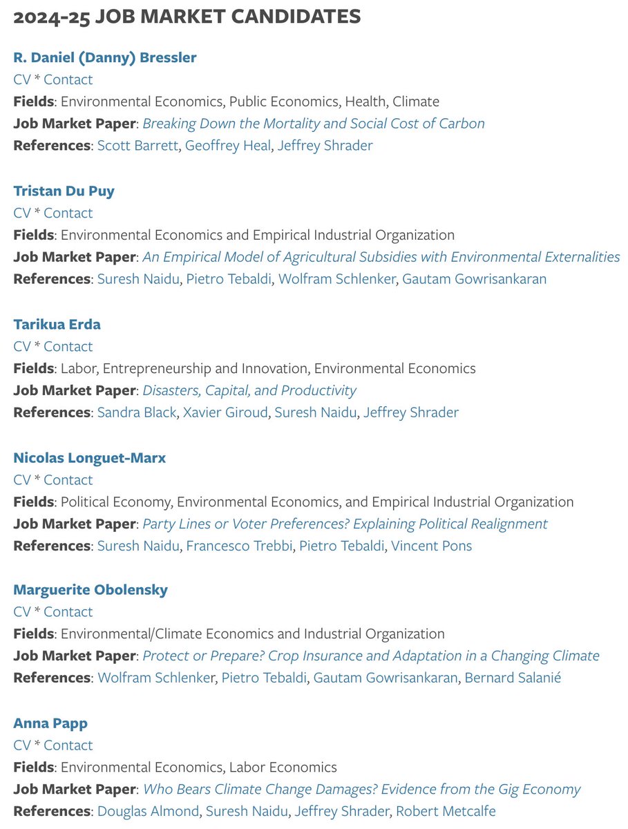 Robert Metcalfe (@rdmetcalfe) on Twitter photo I’m thrilled to introduce six outstanding economics job market candidates from the PhD program in Sustainable Development at <a href="/ColumbiaSIPA/">Columbia | SIPA</a> <a href="/SipaSusdev/">SIPA SusDev</a>!
Each of them brings a unique perspective and cutting-edge research in environmental economics, empirical IO, labor economics, I’m thrilled to introduce six outstanding economics job market candidates from the PhD program in Sustainable Development at <a href="/ColumbiaSIPA/">Columbia | SIPA</a> <a href="/SipaSusdev/">SIPA SusDev</a>!
Each of them brings a unique perspective and cutting-edge research in environmental economics, empirical IO, labor economics,