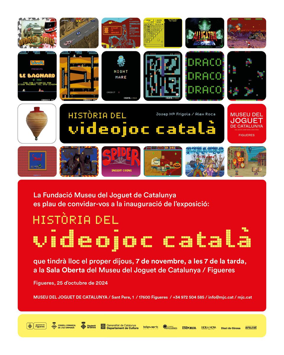 Museu del Joguet de Catalunya (@museujoguetcat) on Twitter photo 🎮 Nova exposició!
👾Història del videojoc català
🎉 Inauguració: Dijous 7/11/24 a les 19 h
📍 Lloc: Sala Oberta, #MuseuJoguetCat
🗓️ Dates: Del 7 de novembre al 25 de gener de 2025
👥 Comissaris, coordinadors i super experts👾Josep Maria Frigola i 🙏🏾Alex Roca <a href="/Yurink4/">Alex Roca Sánchez</a> 🎮 Nova exposició!
👾Història del videojoc català
🎉 Inauguració: Dijous 7/11/24 a les 19 h
📍 Lloc: Sala Oberta, #MuseuJoguetCat
🗓️ Dates: Del 7 de novembre al 25 de gener de 2025
👥 Comissaris, coordinadors i super experts👾Josep Maria Frigola i 🙏🏾Alex Roca <a href="/Yurink4/">Alex Roca Sánchez</a>