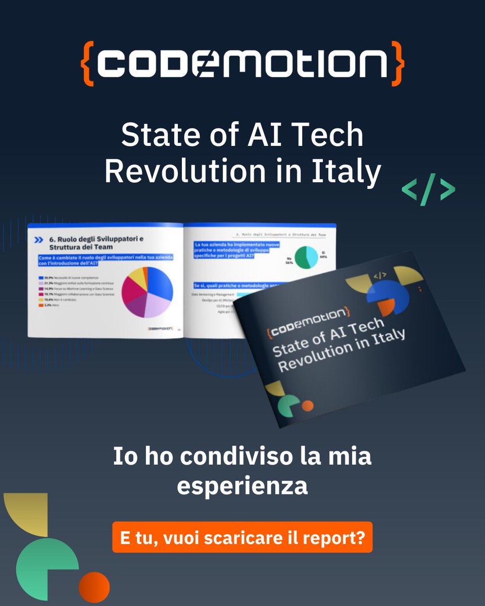 desiderato_g's tweet photo. 🚀 È disponibile il report State of AI Tech Revolution in Italy di @CodemotionIT!

👉🏻 https://t.co/qLRHAi8Dad

#Codemotion #CodemotionCTOCommunity #AI #StateOfAIRevolutionInItaly #IntelligenzaArtificiale #Innovazione #TechCommunity #FutureOfWork #OneMoreTechAway #omta https://t.co/W1GPFVsYDc