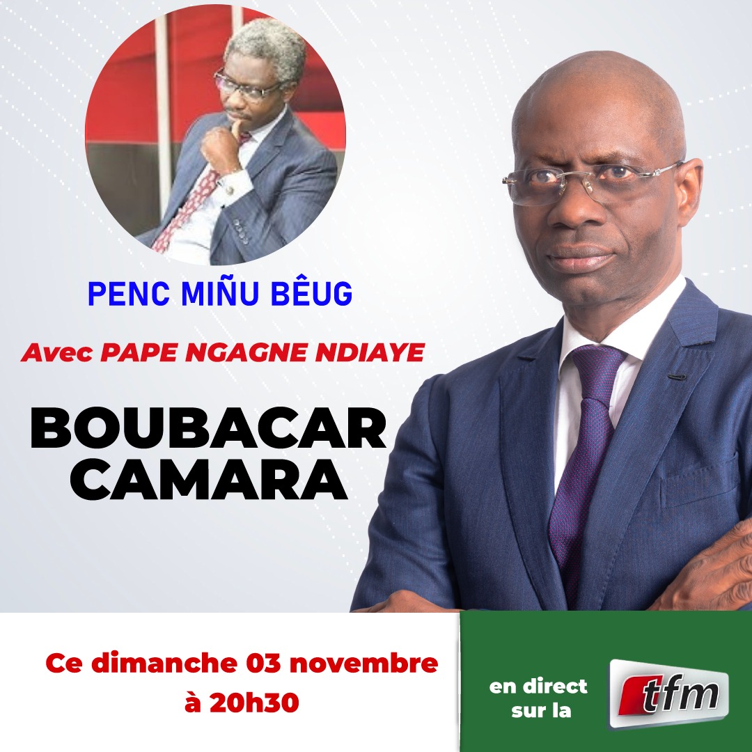Ce Dimanche 03 Novembre 2024 à 20h 30 le Président Boubacar CAMARA sera l’invité de Pape Ngagne Ndiaye dans l’émission PENC MIÑU BÊUG sur la TFM. 
Il va partager le plateau avec une Tête de liste nationale.  
#Tabax_Ak_Pastef #Législatives #Sénégal